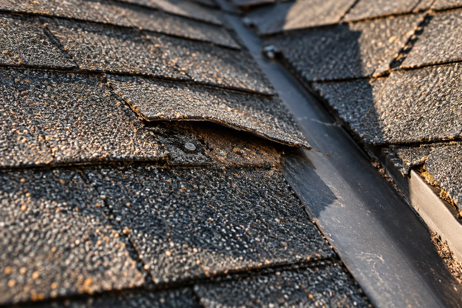 Close-up of a lifted asphalt shingle on a roof, with an exposed nail and worn granules after wind damage.