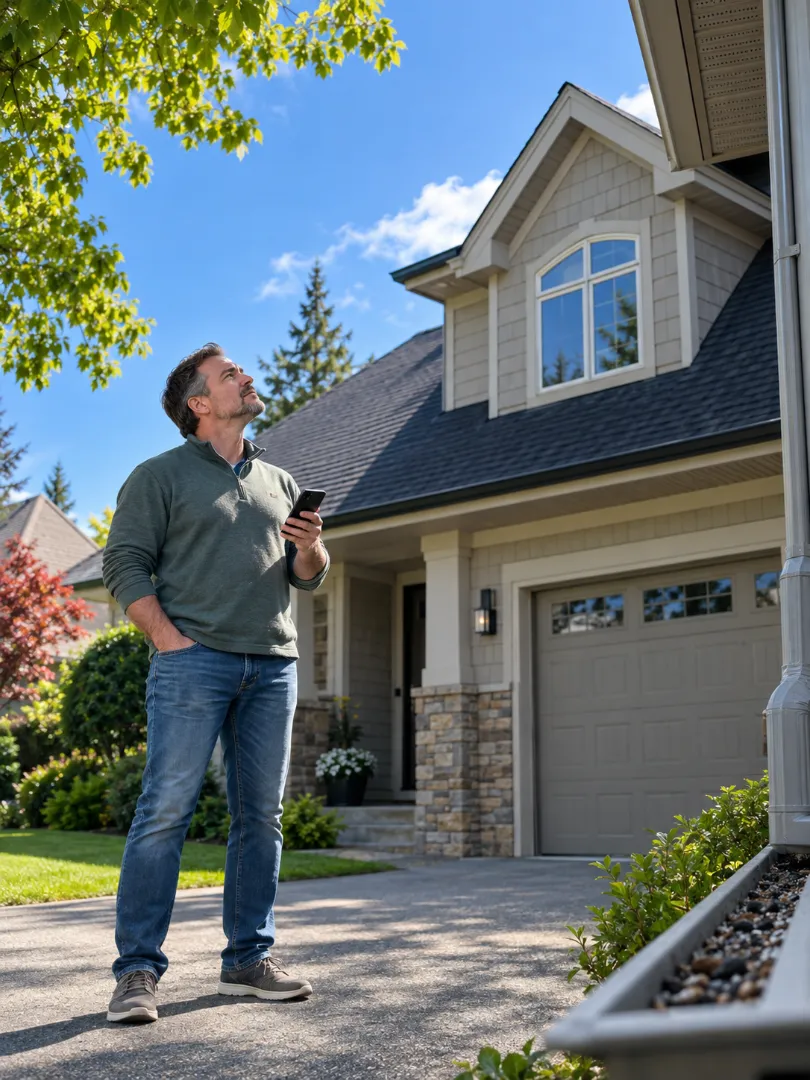 Homeowner on a driveway looking up at a suburban roof while holding a smartphone.